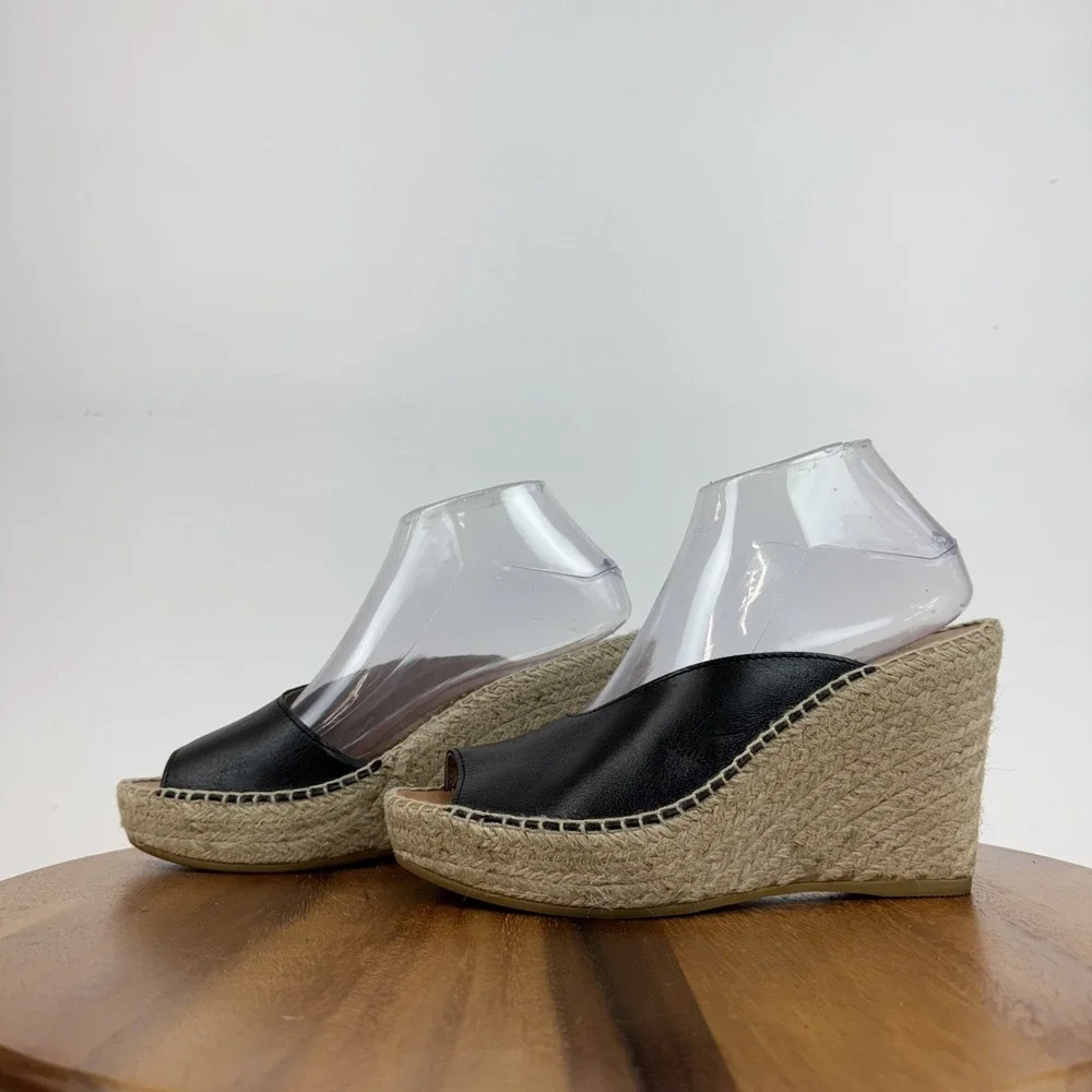 Womens Andre Assous Catarina‎ Black Leather Espadrille Platform Wedges Size 8 M